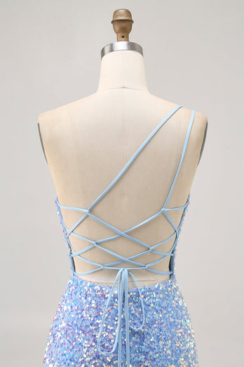 Sparkly Blue Sequins Tight One Shoulder Short Homecoming Dress