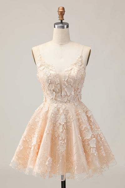Floral Apricot Spaghetti Straps A Line Short Homecoming Dress