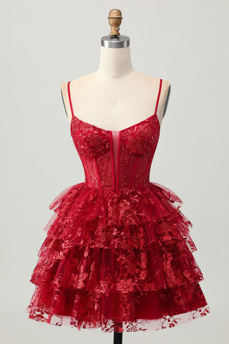 Sparkly Dark Red Tiered Short Corset Homecoming Dress with Lace
