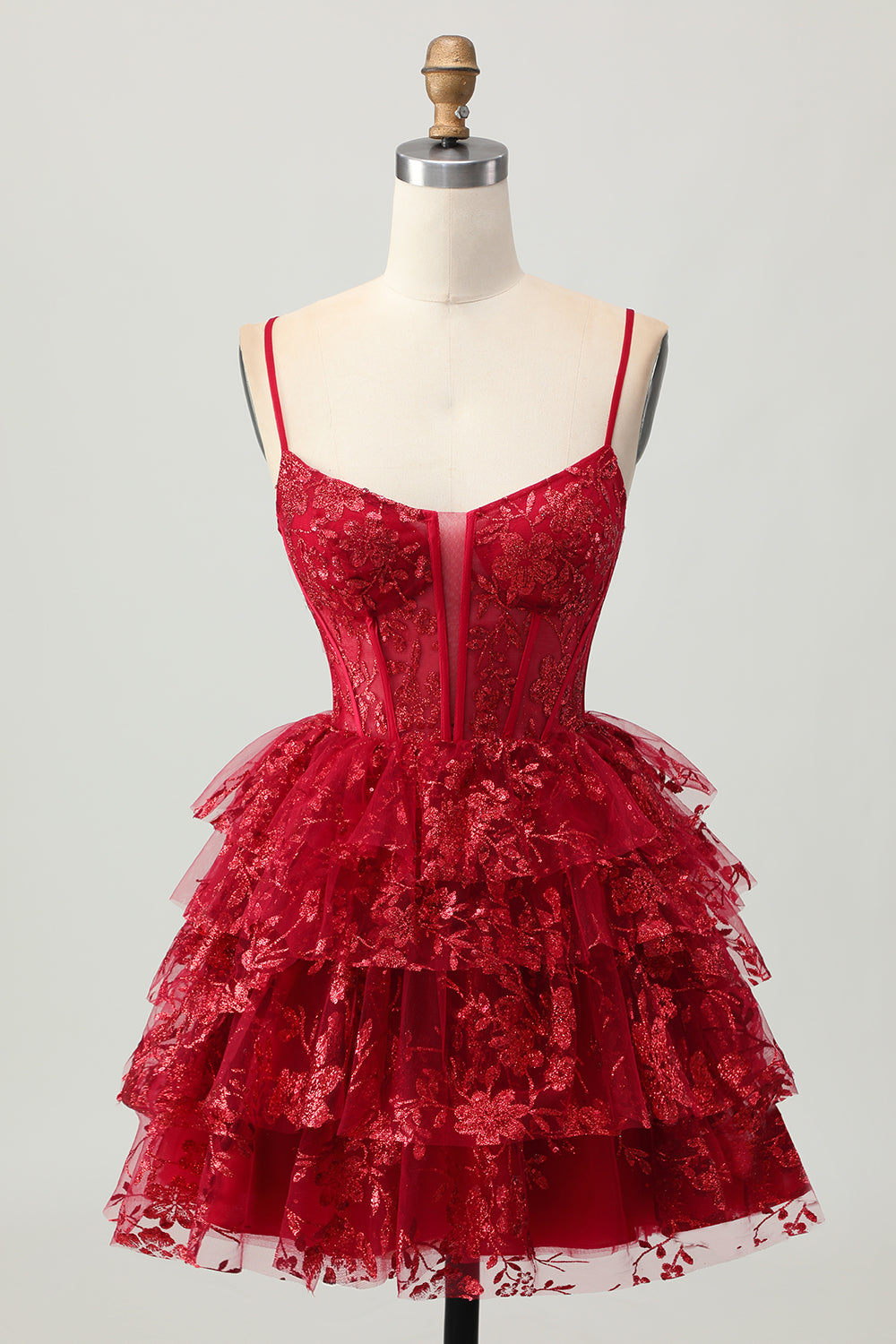 Sparkly Dark Red Tiered Short Corset Homecoming Dress with Lace
