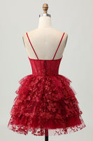Load image into Gallery viewer, Sparkly Dark Red Tiered Short Corset Homecoming Dress with Lace