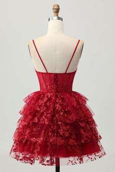 Sparkly Dark Red Tiered Short Corset Homecoming Dress with Lace