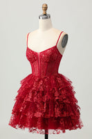 Load image into Gallery viewer, Sparkly Dark Red Tiered Short Corset Homecoming Dress with Lace