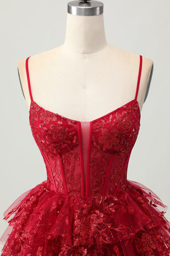 Sparkly Dark Red Tiered Short Corset Homecoming Dress with Lace