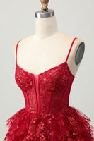 Load image into Gallery viewer, Sparkly Dark Red Tiered Short Corset Homecoming Dress with Lace