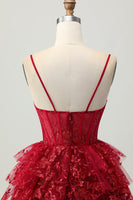 Load image into Gallery viewer, Sparkly Dark Red Tiered Short Corset Homecoming Dress with Lace