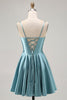Load image into Gallery viewer, Grey Green Satin A Line Ruched Short Corset Homecoming Dress