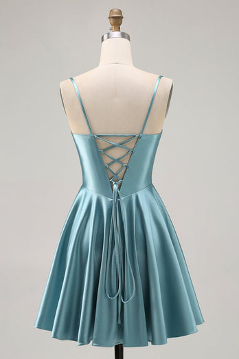 Grey Green Satin A Line Ruched Short Corset Homecoming Dress