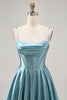 Load image into Gallery viewer, Grey Green Satin A Line Ruched Short Corset Homecoming Dress