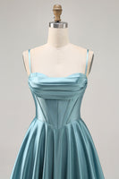 Load image into Gallery viewer, Grey Green Satin A Line Ruched Short Corset Homecoming Dress