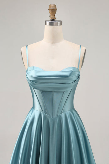 Grey Green Satin A Line Ruched Short Corset Homecoming Dress