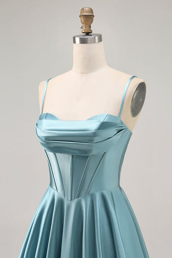 Grey Green Satin A Line Ruched Short Corset Homecoming Dress