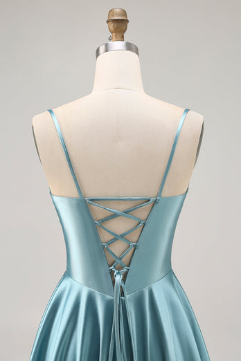Grey Green Satin A Line Ruched Short Corset Homecoming Dress