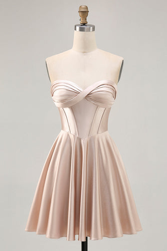 Champagne Sweetheart Satin Short Corset Homecoming Dress