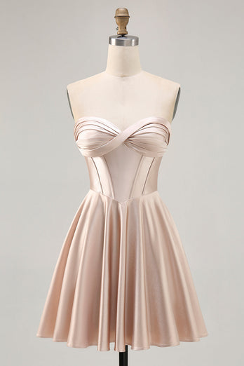 Champagne Sweetheart Satin Short Corset Homecoming Dress