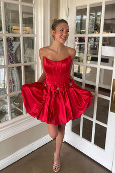 Red Satin A Line Short Corset Homecoming Dress with Bows