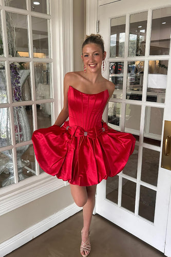 Red Satin A Line Short Corset Homecoming Dress with Bows