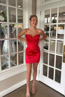 Red Satin Tight Strapless Short Corset Homecoming Dress