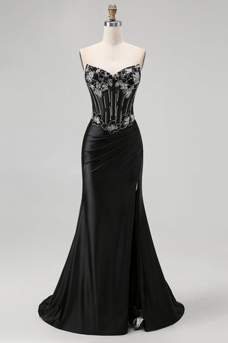 Sparkly Black Satin Mermaid Beaded Long Corset Prom Dress with Slit