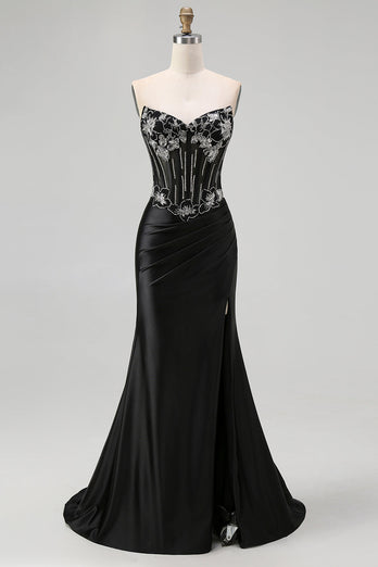 Sparkly Black Satin Mermaid Beaded Long Corset Prom Dress with Slit