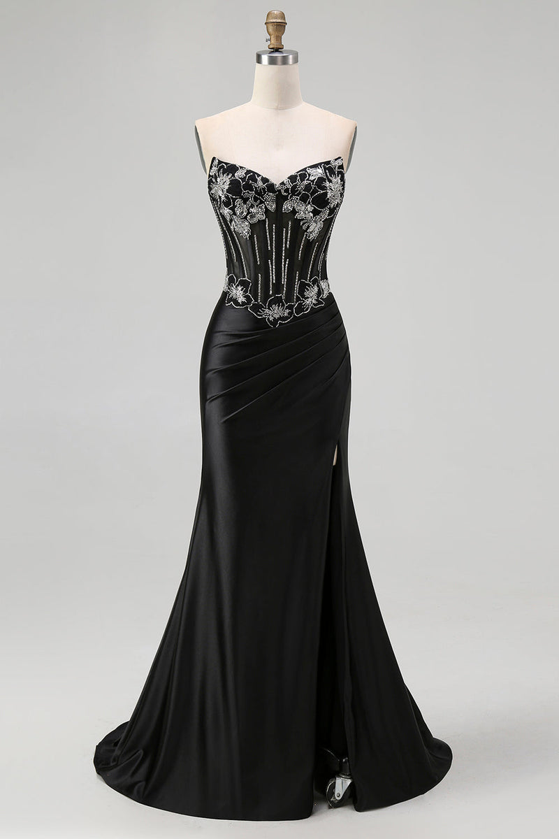 Load image into Gallery viewer, Sparkly Black Satin Mermaid Beaded Long Corset Prom Dress with Slit