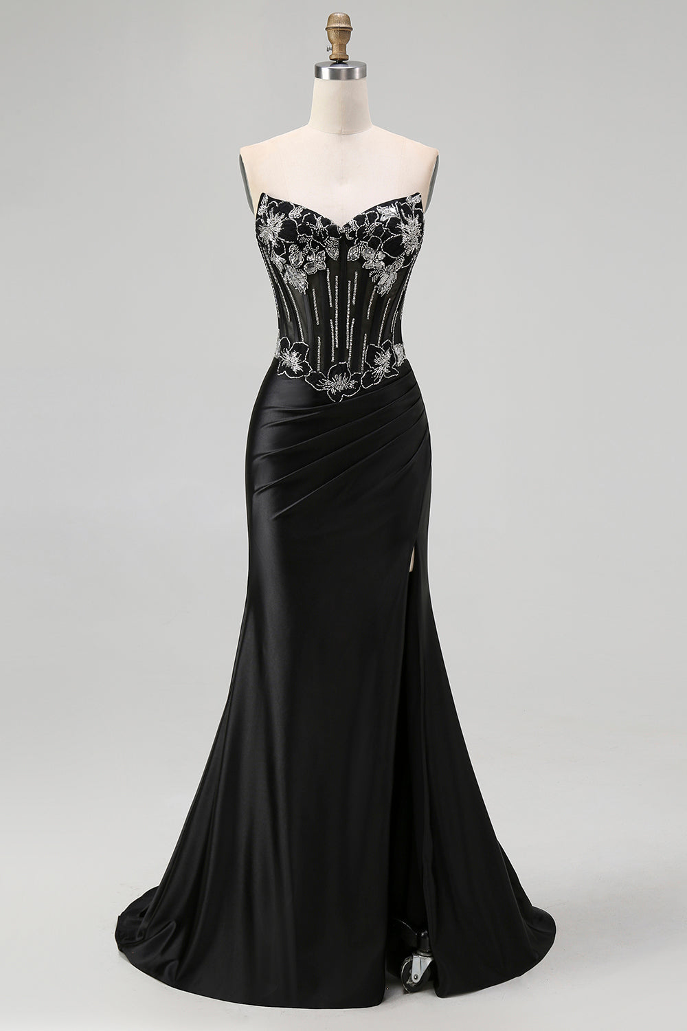 Sparkly Black Satin Mermaid Beaded Long Corset Prom Dress with Slit
