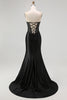 Load image into Gallery viewer, Sparkly Black Satin Mermaid Beaded Long Corset Prom Dress with Slit