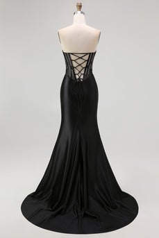 Sparkly Black Satin Mermaid Beaded Long Corset Prom Dress with Slit