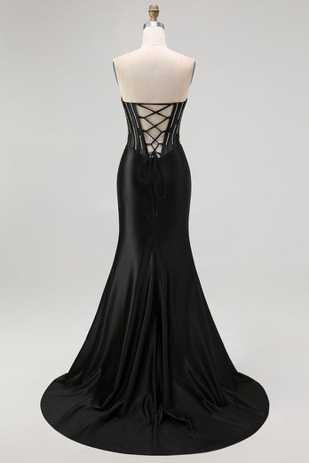 Sparkly Black Satin Mermaid Beaded Long Corset Prom Dress with Slit