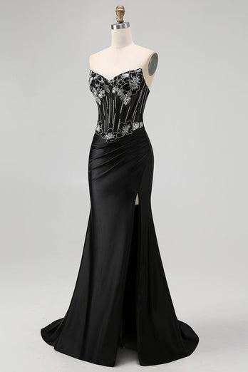 Sparkly Black Satin Mermaid Beaded Long Corset Prom Dress with Slit