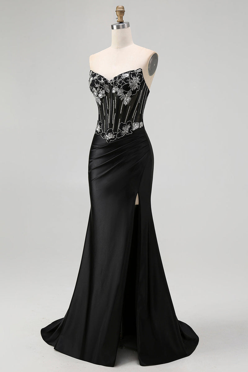 Load image into Gallery viewer, Sparkly Black Satin Mermaid Beaded Long Corset Prom Dress with Slit