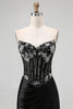Load image into Gallery viewer, Sparkly Black Satin Mermaid Beaded Long Corset Prom Dress with Slit