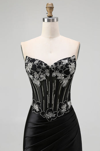 Sparkly Black Satin Mermaid Beaded Long Corset Prom Dress with Slit