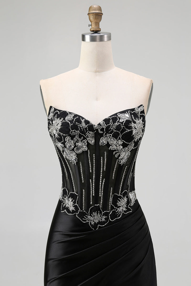 Load image into Gallery viewer, Sparkly Black Satin Mermaid Beaded Long Corset Prom Dress with Slit
