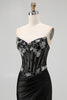 Load image into Gallery viewer, Sparkly Black Satin Mermaid Beaded Long Corset Prom Dress with Slit