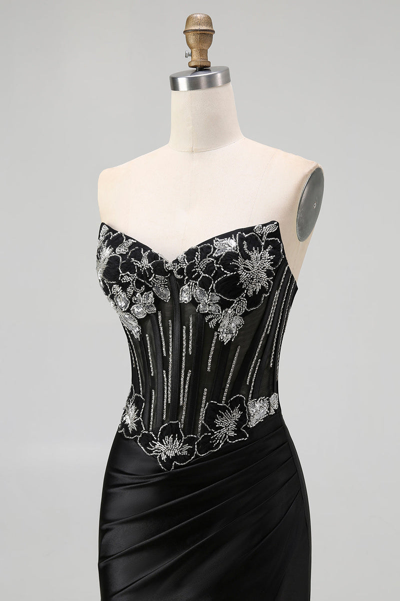 Load image into Gallery viewer, Sparkly Black Satin Mermaid Beaded Long Corset Prom Dress with Slit
