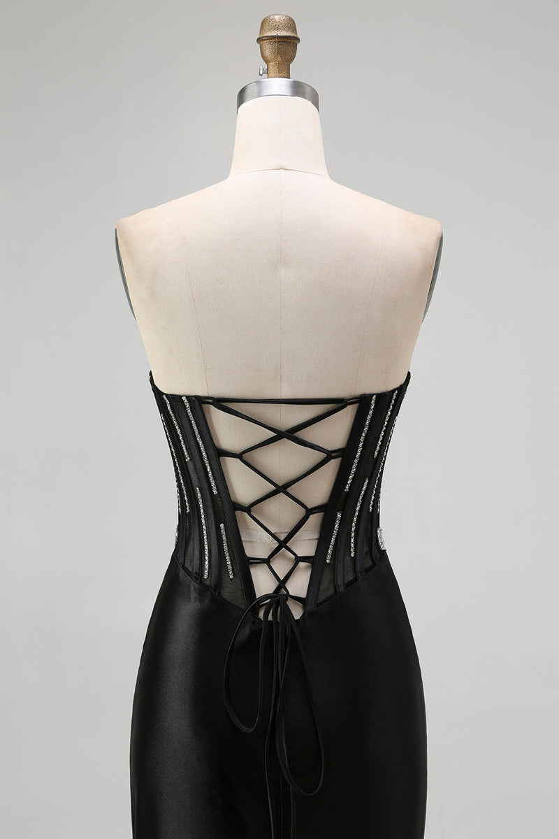 Load image into Gallery viewer, Sparkly Black Satin Mermaid Beaded Long Corset Prom Dress with Slit