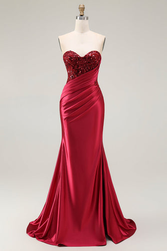 Sparkly Red Satin Mermaid Sweetheart Long Prom Dress with Sequins