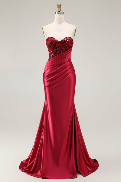 Sparkly Red Satin Mermaid Sweetheart Long Prom Dress with Sequins