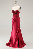 Load image into Gallery viewer, Sparkly Red Satin Mermaid Sweetheart Long Prom Dress with Sequins