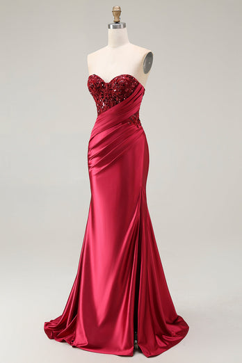 Sparkly Red Satin Mermaid Sweetheart Long Prom Dress with Sequins