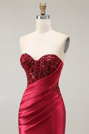 Sparkly Red Satin Mermaid Sweetheart Long Prom Dress with Sequins