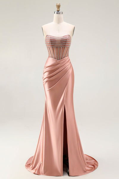 Sparkly Blush Strapless Ruched Mermaid Satin Long Prom Dress with Slit