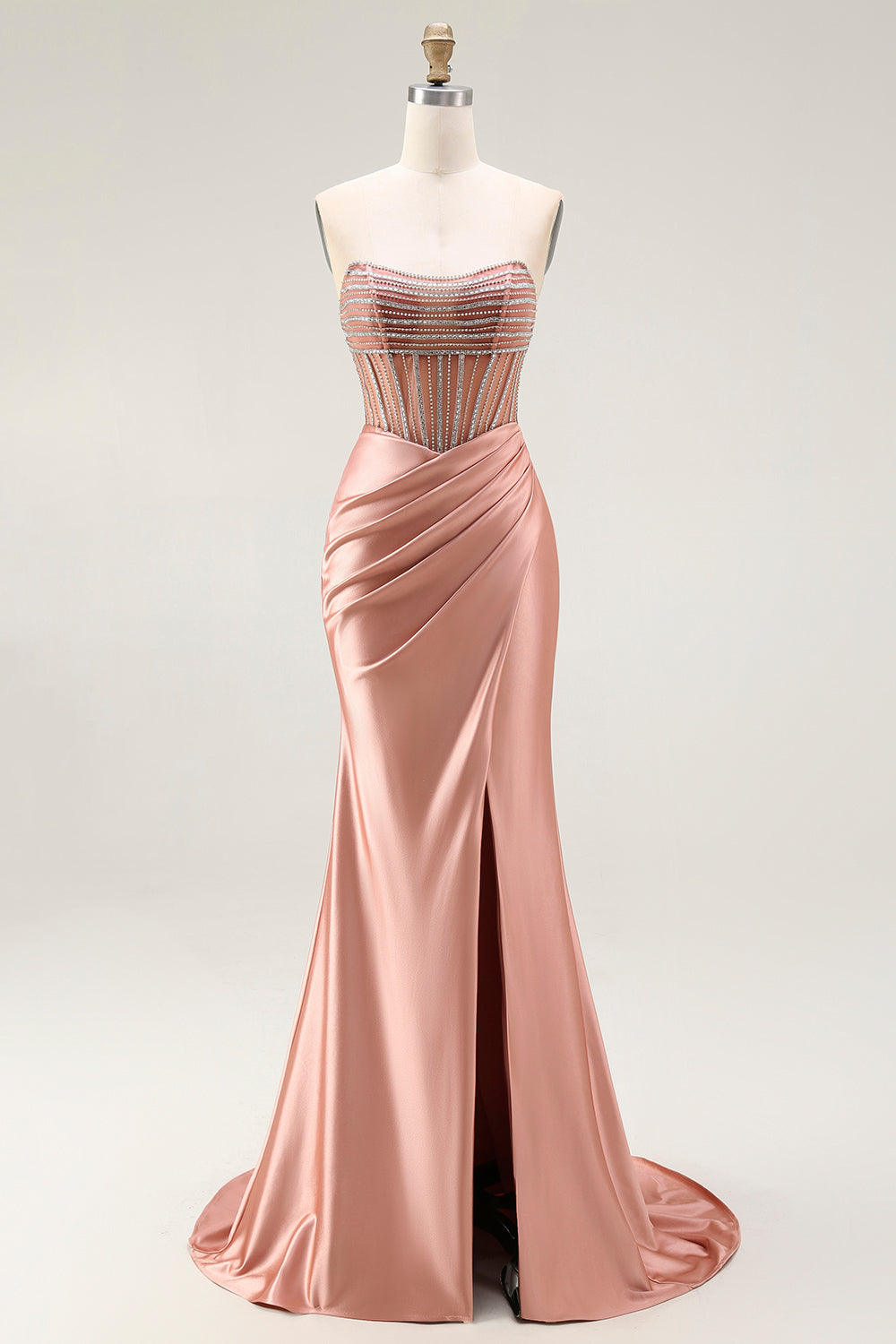 Sparkly Blush Strapless Ruched Mermaid Satin Long Prom Dress with Slit