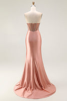 Load image into Gallery viewer, Sparkly Blush Strapless Ruched Mermaid Satin Long Prom Dress with Slit