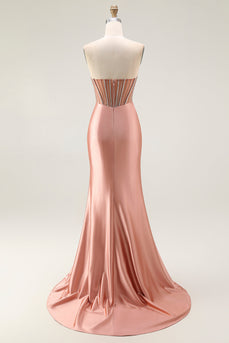Sparkly Blush Strapless Ruched Mermaid Satin Long Prom Dress with Slit