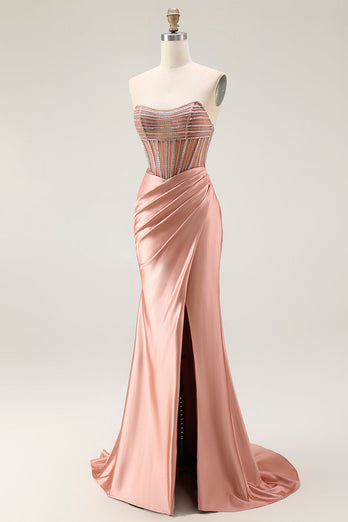 Sparkly Blush Strapless Ruched Mermaid Satin Long Prom Dress with Slit