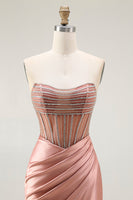 Load image into Gallery viewer, Sparkly Blush Strapless Ruched Mermaid Satin Long Prom Dress with Slit