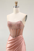 Load image into Gallery viewer, Sparkly Blush Strapless Ruched Mermaid Satin Long Prom Dress with Slit