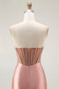 Load image into Gallery viewer, Sparkly Blush Strapless Ruched Mermaid Satin Long Prom Dress with Slit